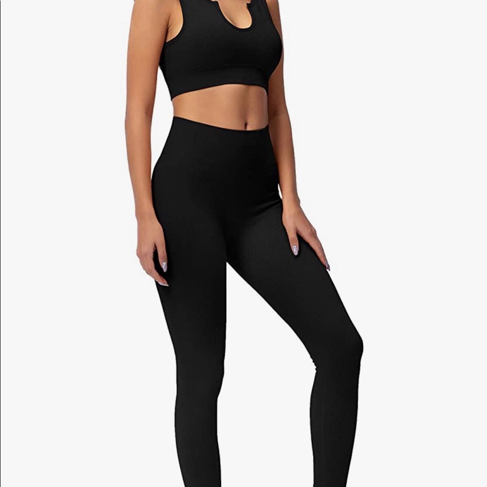 Workout Outfits 2 Piece Ribbed Seamless Crop Tank High Waist Yoga Leggings Sets
